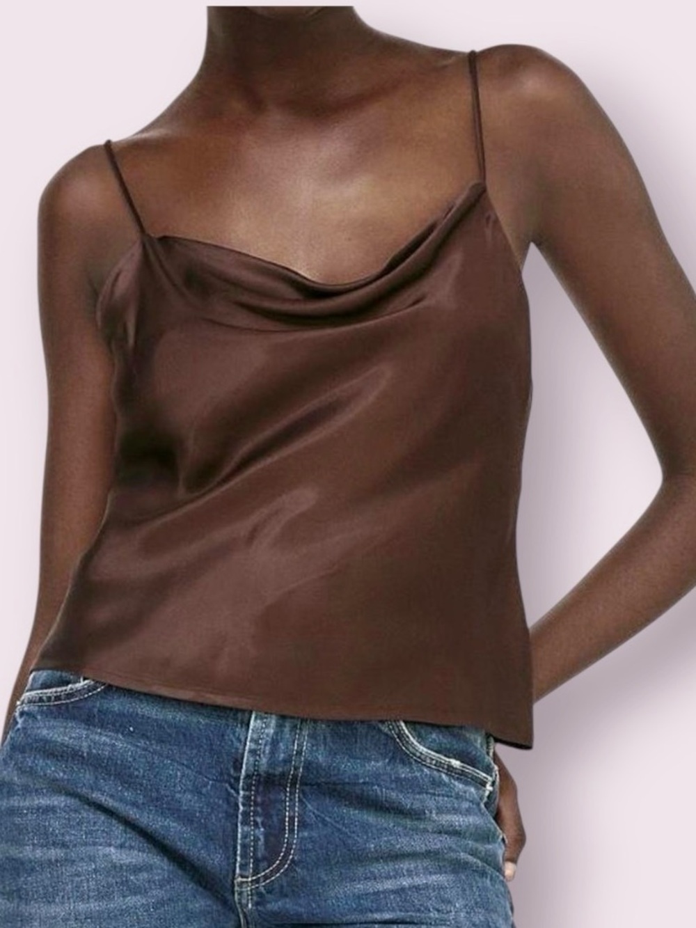 Zara Chocolate Brown Satin Cami Tank Top Button Back Size Small